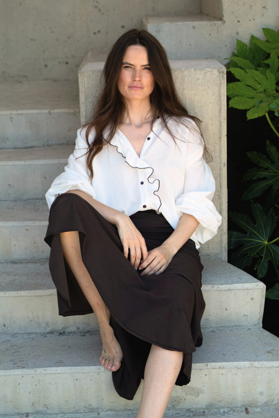 Blusa Volante - Blanco/Marrón