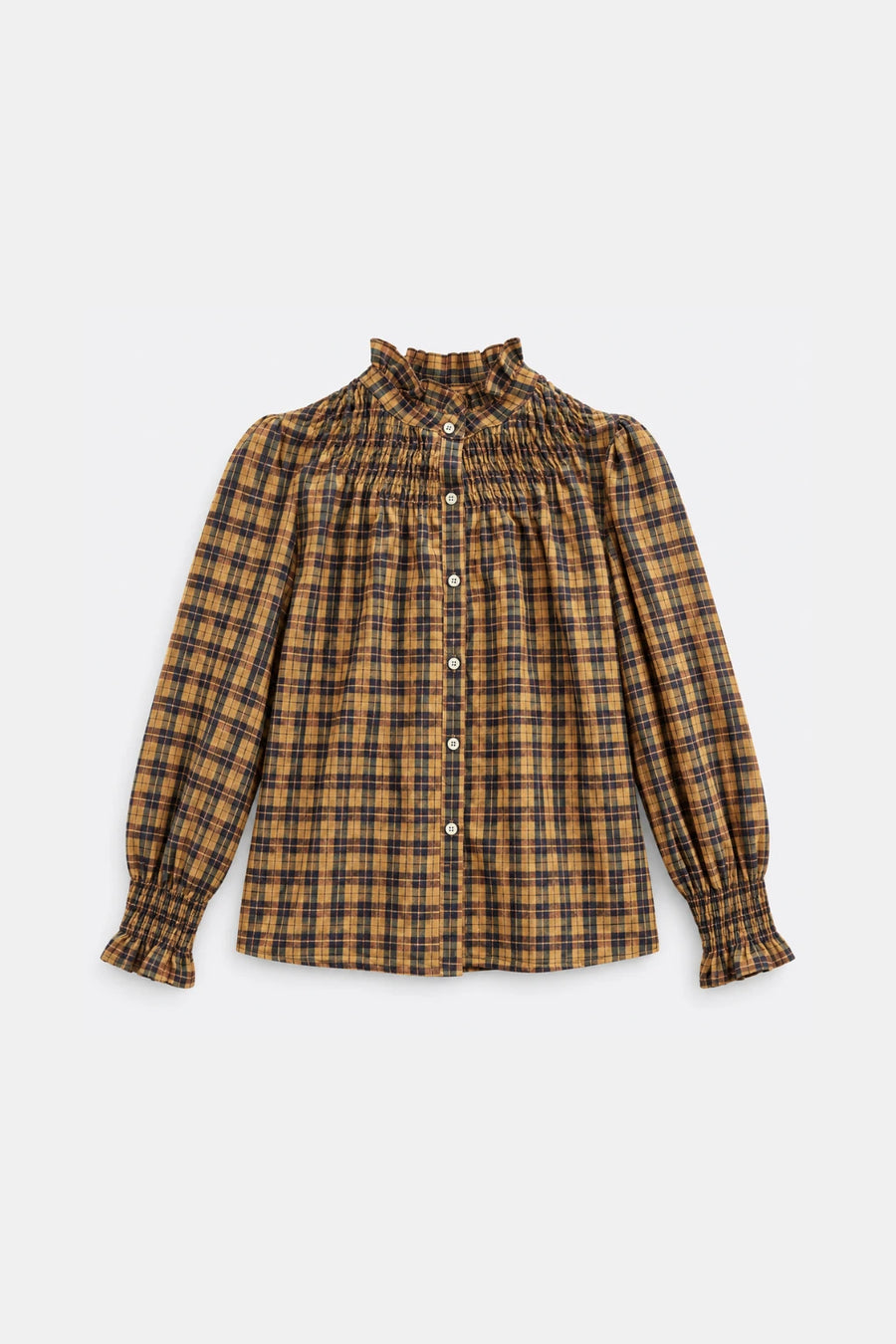 Smocked Plaid Blouse - Mustard