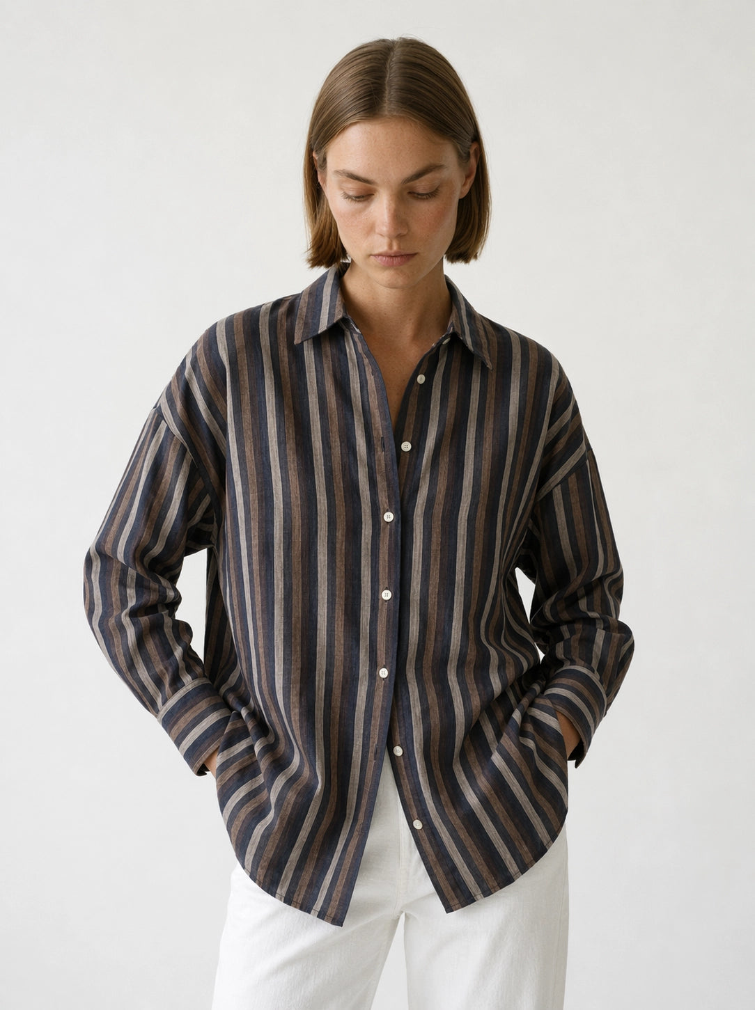Camisa Rayas Lino Marino - Azul marino