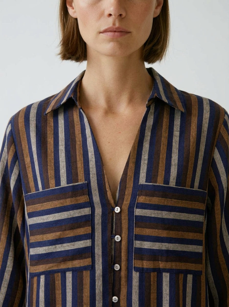 Camisola Rayas Lino Marino - Azul marino
