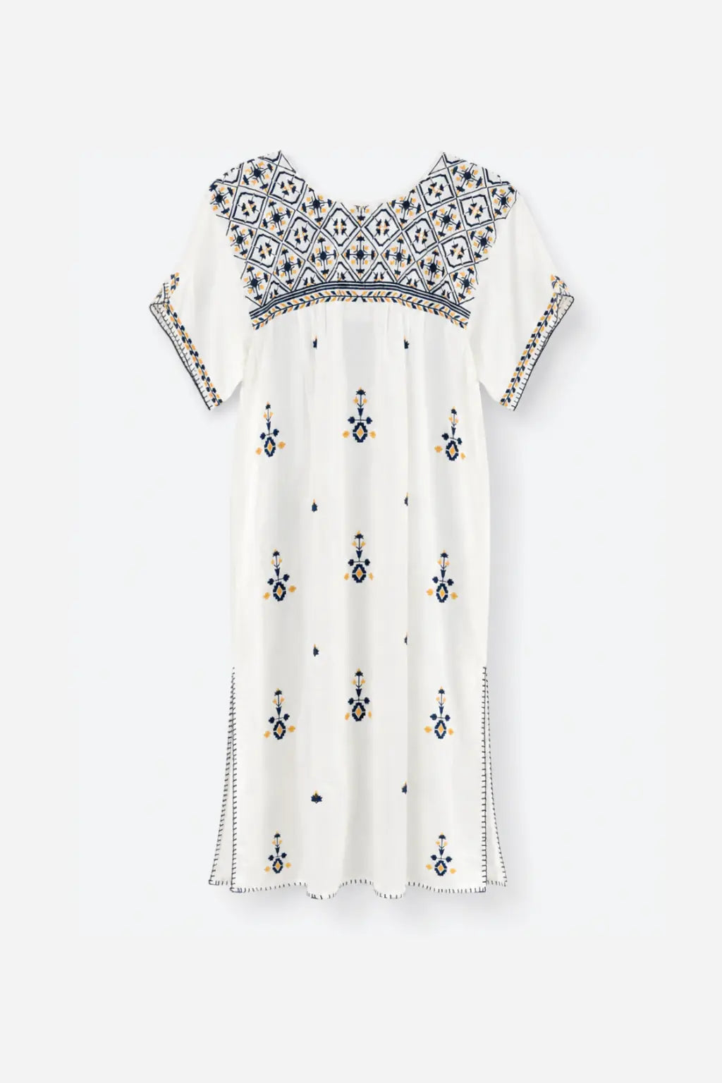 Vestido Túnica Bordado Geométrico - Blanco/Azul marino