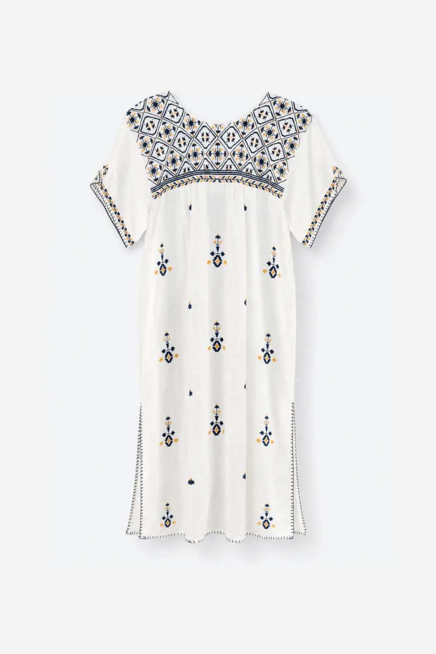 Vestido Túnica Bordado Geométrico - Blanco/Azul marino