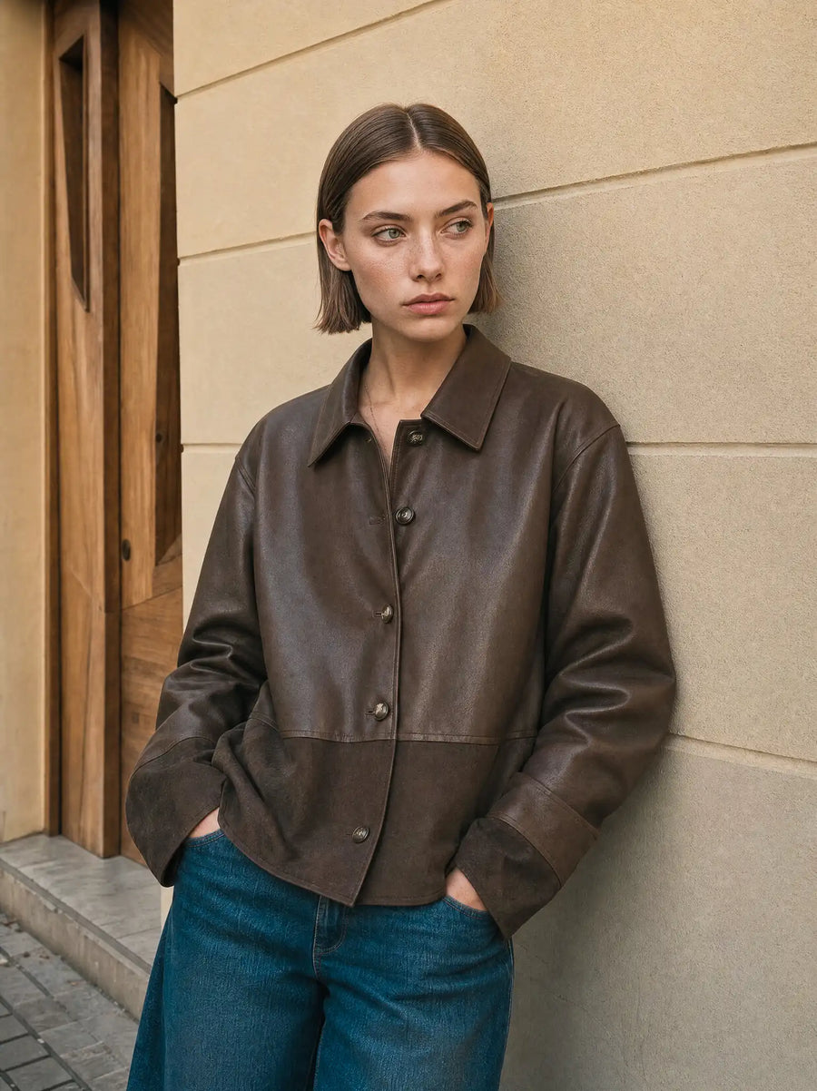 Veste en similicuir combinée - Brun chocolat