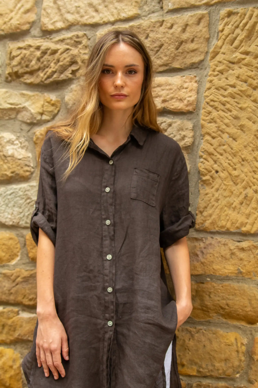 Vestido Camisero Lino - Marrón Chocolate
