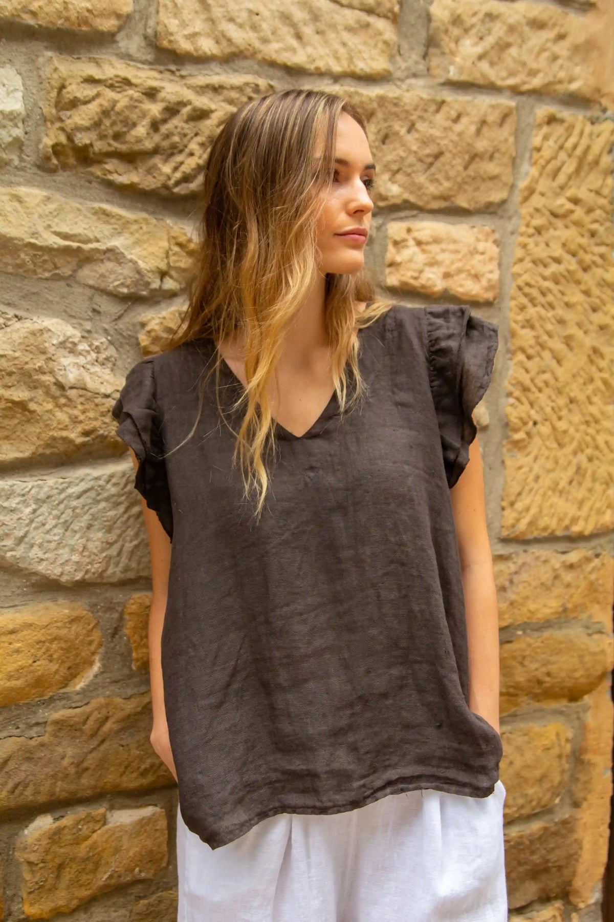 Blusa Volantes Lino - Marrón Chocolate