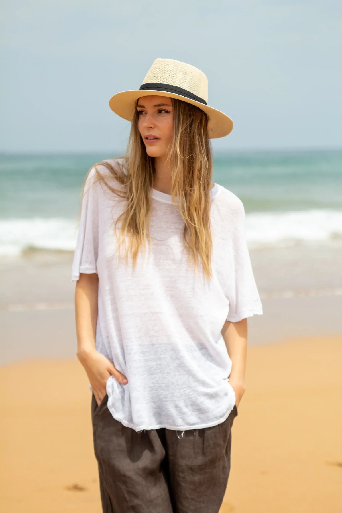 Camiseta Cuello Redondo Lino - Blanco