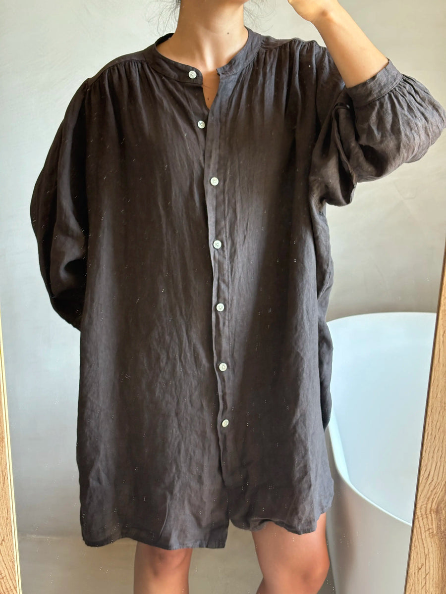 Vestido Lino Manga Larga - Marrón